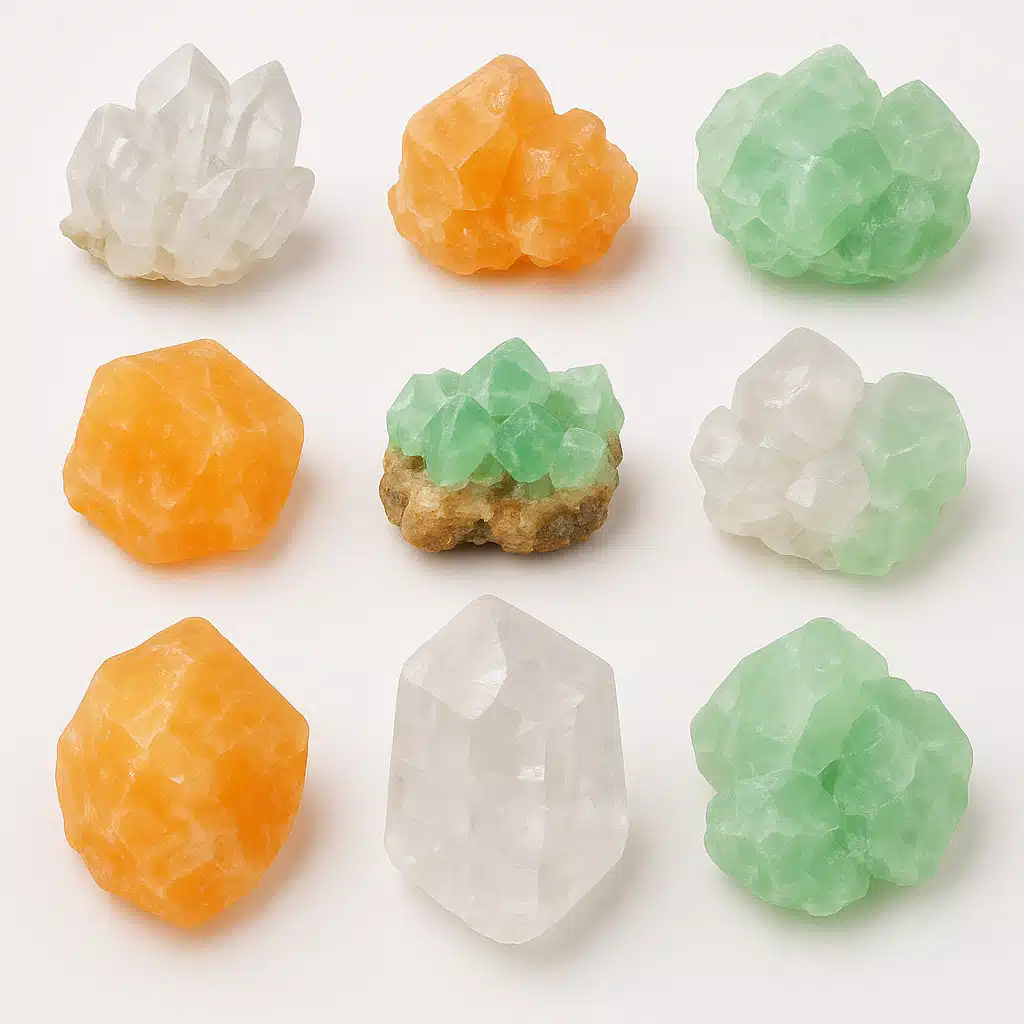 Variety of calcite mineral specimens in different colors including clear, orange, and green, arranged on white background, professional mineral photography