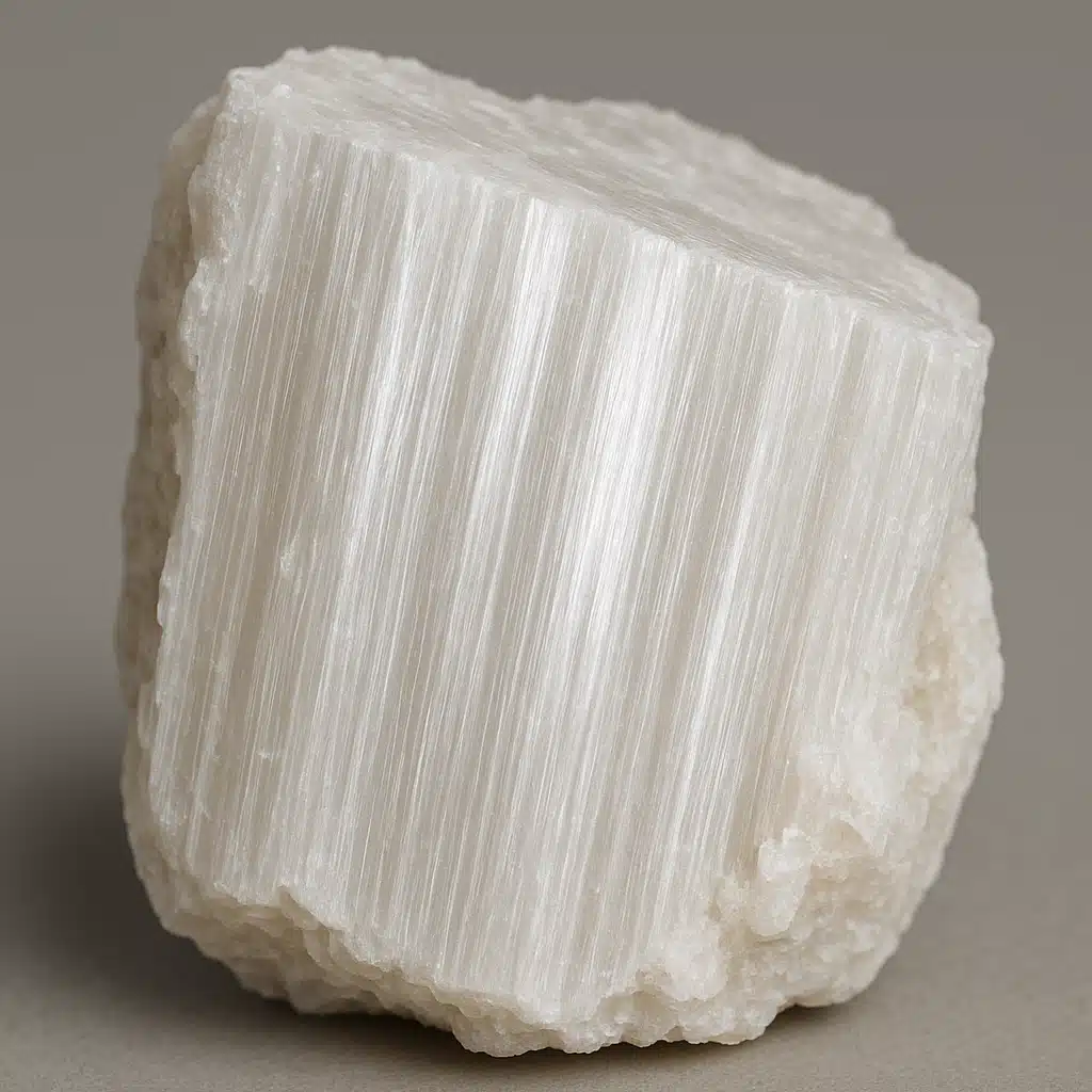Gypsum mineral specimen showing fibrous satin spar structure with characteristic silky sheen, macro detail photography with neutral background