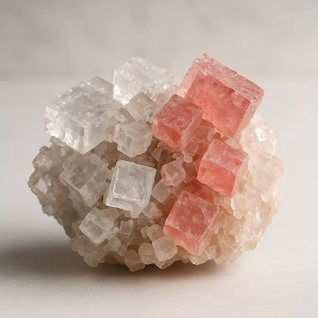 Natural halite rock salt crystals showing cubic structure in clear and pink colors, mineral specimen photography with clean background and detailed lighting