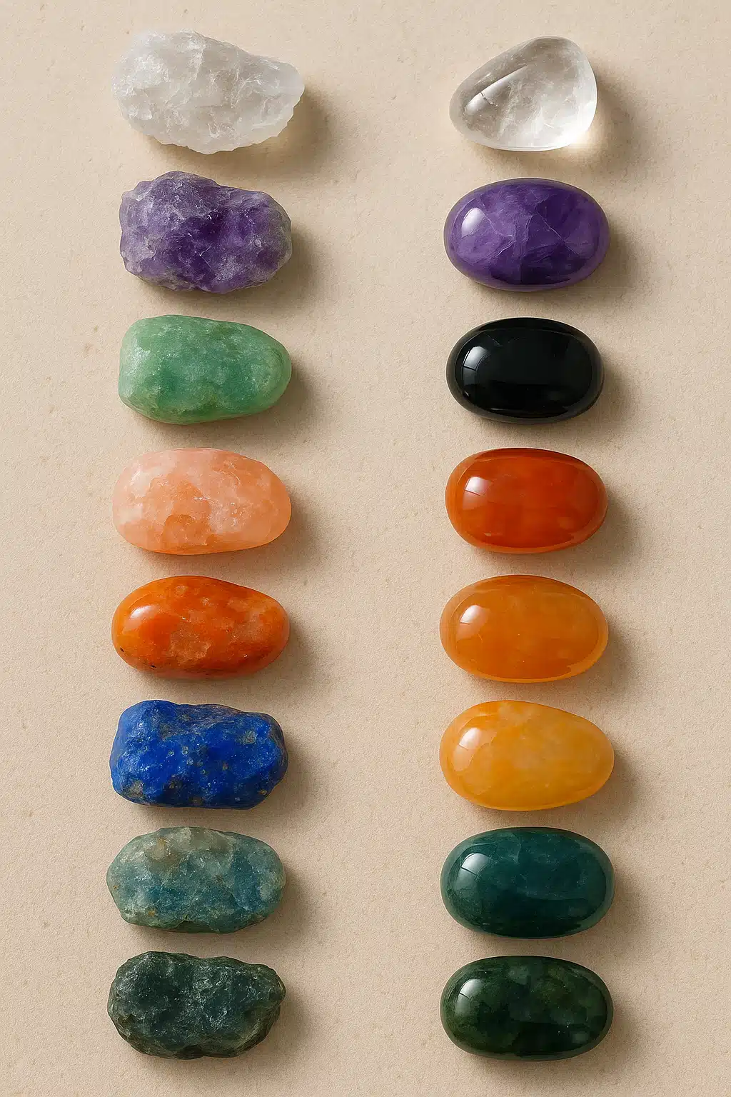 Comparison of rough unpolished stones next to beautifully polished tumbled gemstones showing the transformation, organized display on neutral surface with good lighting