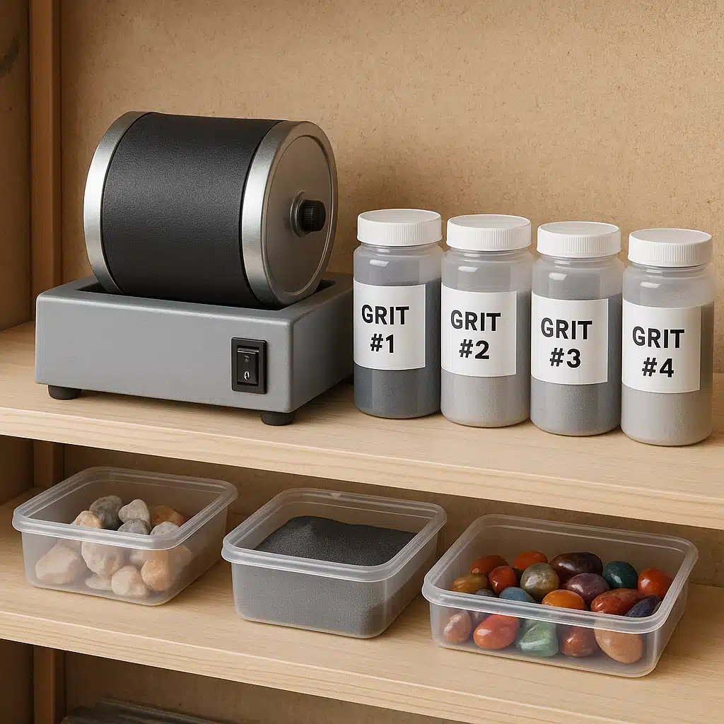 Clean and well-maintained rock tumbler on a workshop shelf with organized supplies including grit containers and polished stone samples, tidy hobby workspace setting