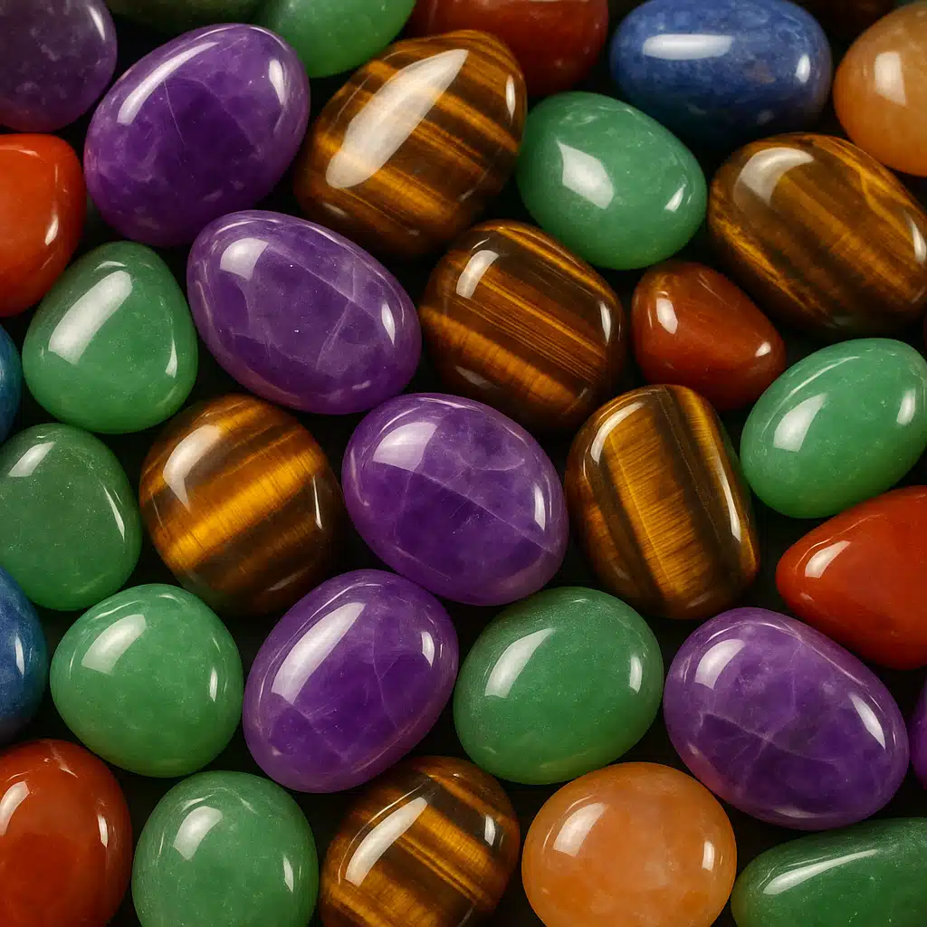 Collection of successfully tumbled and polished gemstones in various colors including purple amethyst, brown tiger's eye, and green aventurine, displayed in attractive arrangement with professional lighting