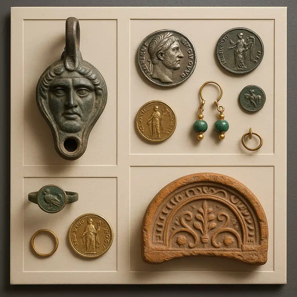 Beautiful collection of successfully cleaned and preserved artifacts, coins, and collectibles displayed on archival materials, professional lighting showcasing restored details and preserved patina, museum-quality presentation