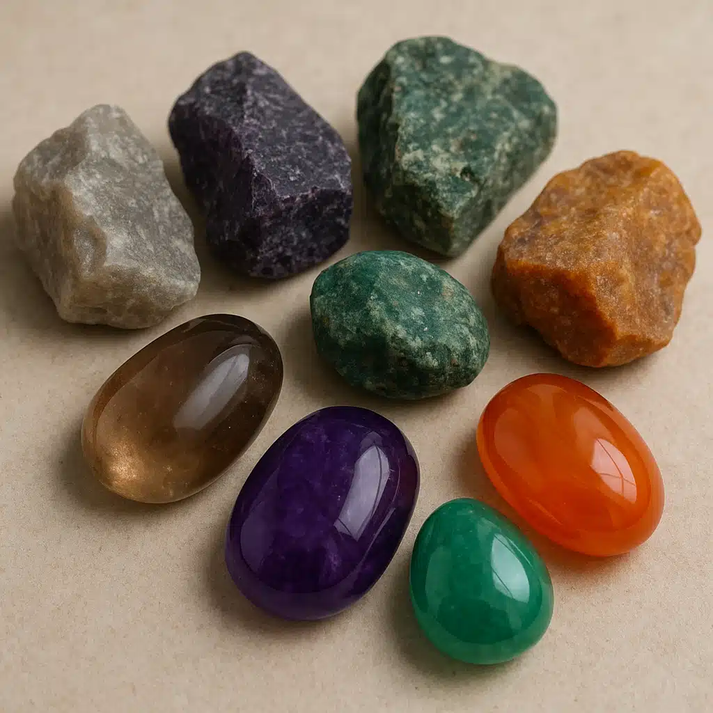 Close-up of rough unpolished stones next to beautifully polished gemstones showing the contrast between dull and shiny finishes, arranged on a neutral surface with soft natural lighting