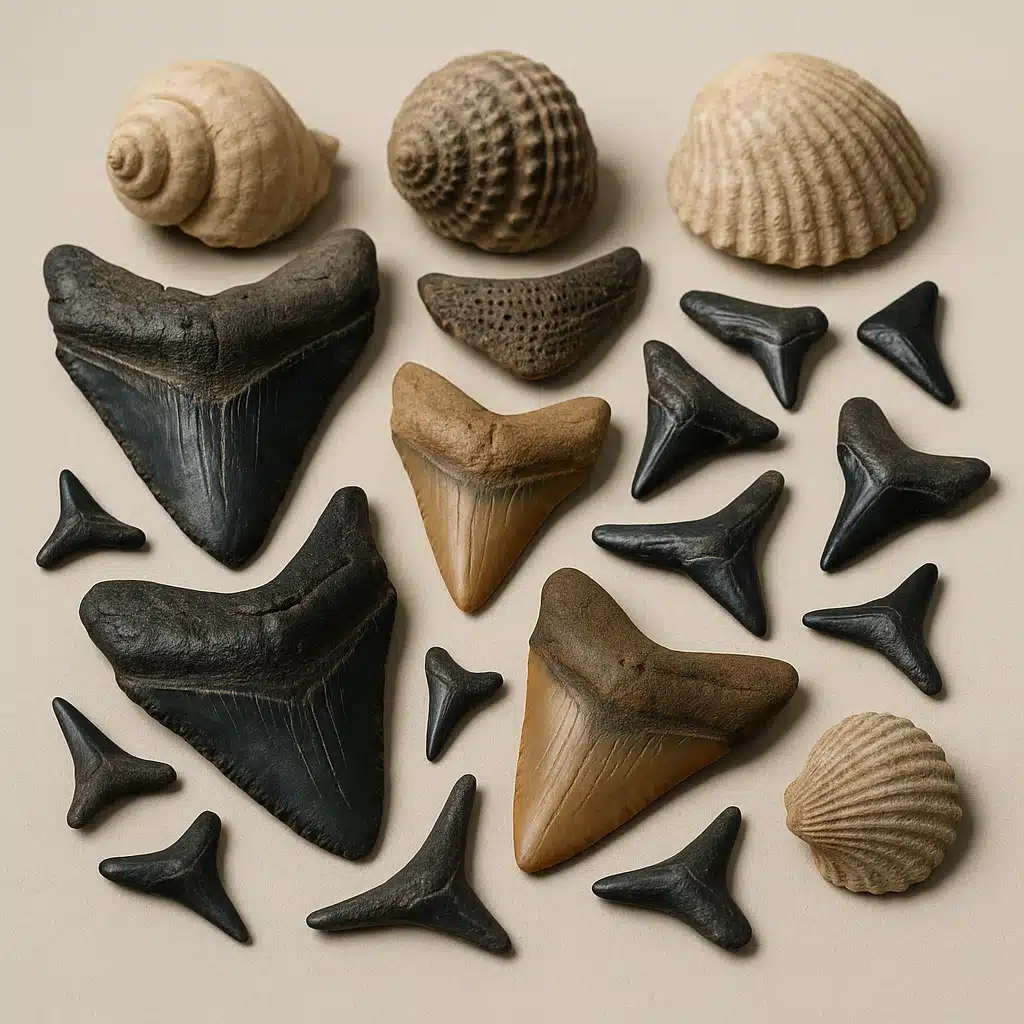 Collection of fossilized shark teeth and ancient seashells displayed on a neutral surface, showing various sizes and colors from black to brown and gray, professional museum-quality lighting