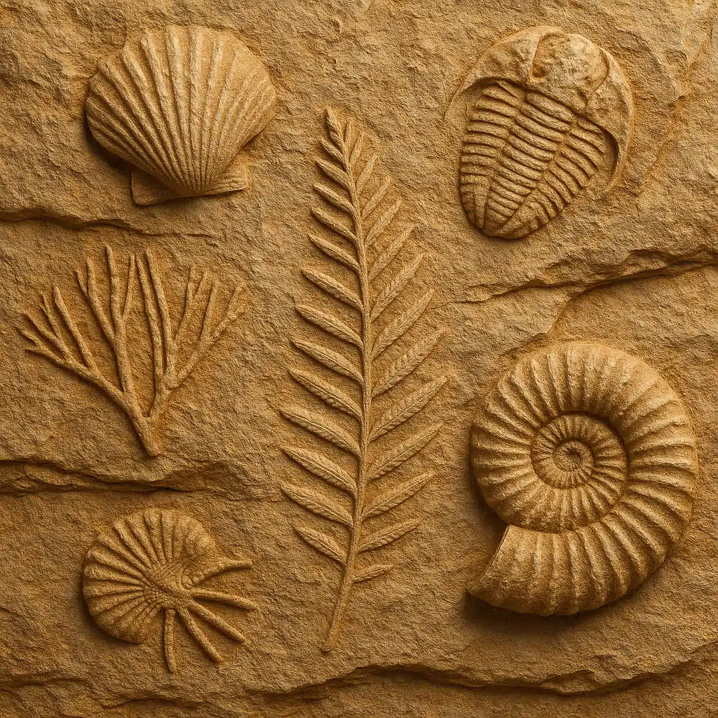 Close-up view of various ancient fossils embedded in sedimentary rock layers, showing marine creatures and plant impressions, natural lighting, educational and detailed composition