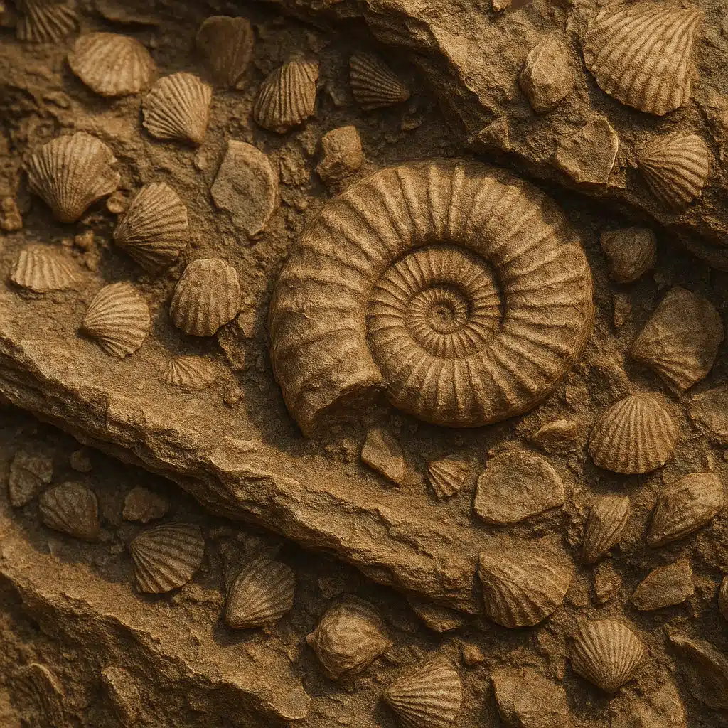 Close-up photograph of ancient fossils embedded in sedimentary rock layers, showing detailed textures and preservation, natural outdoor lighting, educational and scientific atmosphere