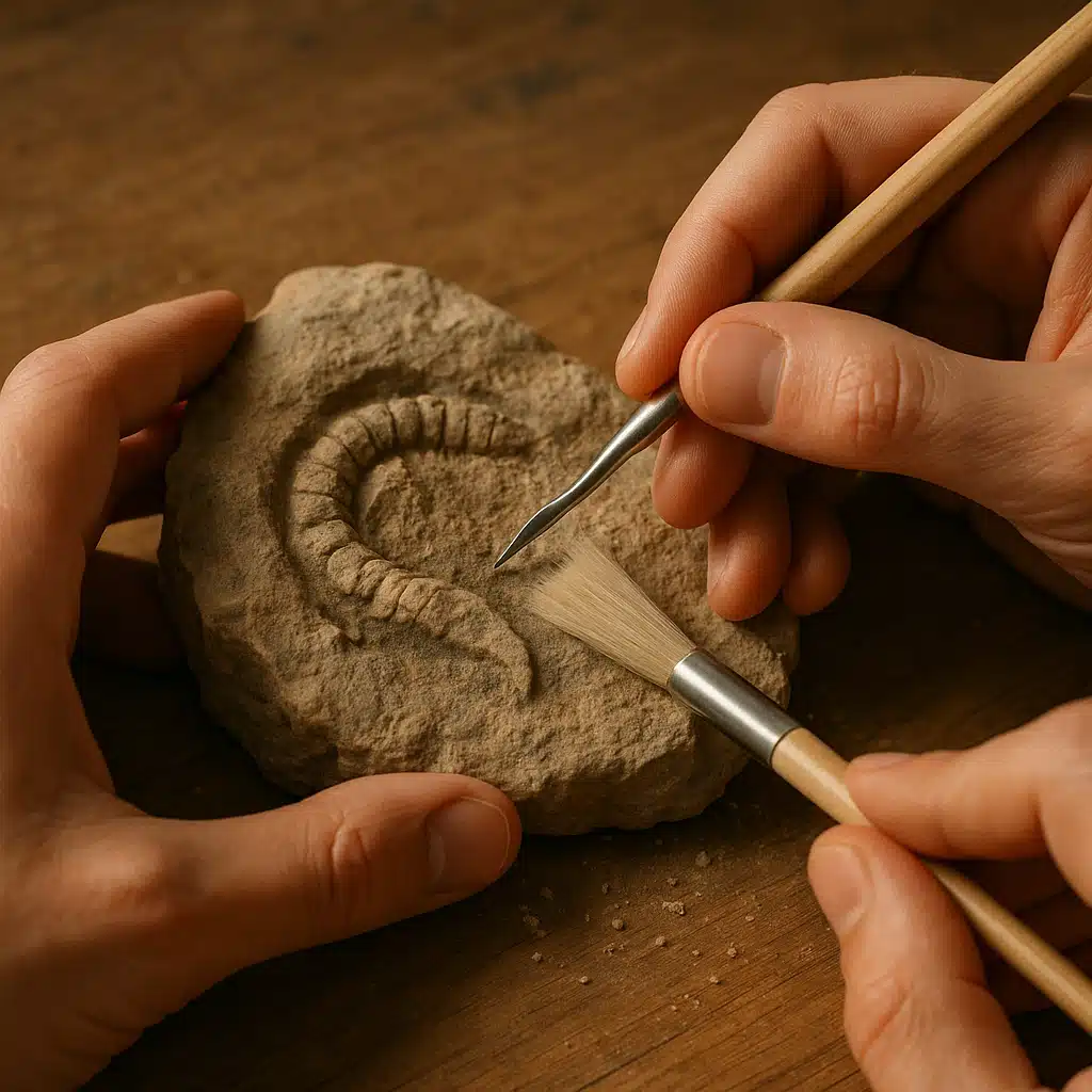 Close-up of hands gently cleaning a fossilized specimen with small tools on a wooden workbench, natural lighting, educational and focused atmosphere