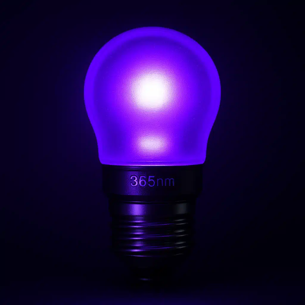 Close-up of a 365nm UV blacklight LED bulb emitting ultraviolet light against a dark background, showing the distinctive deep purple glow with technical and professional lighting