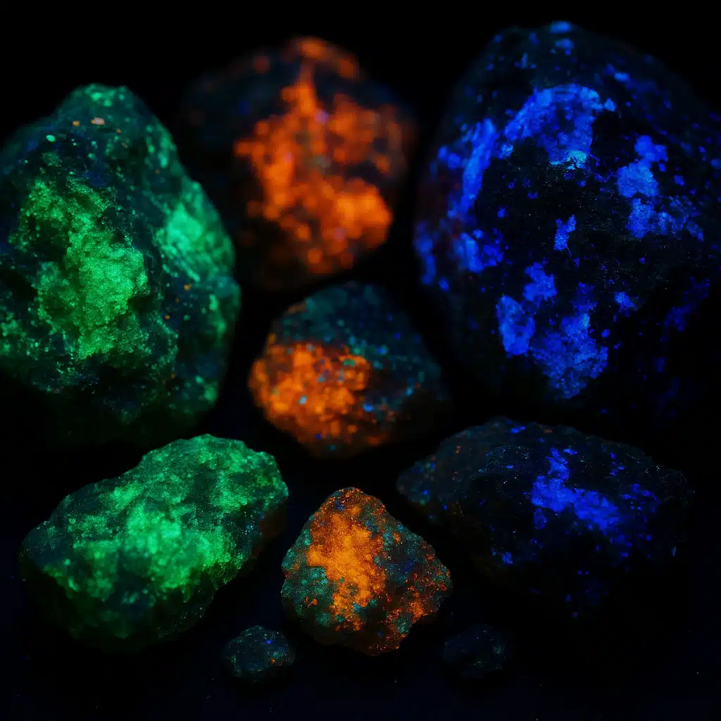 Close-up of colorful fluorescent minerals glowing under ultraviolet light in darkness, showing vibrant greens, blues, and oranges against black background, scientific and mesmerizing aesthetic