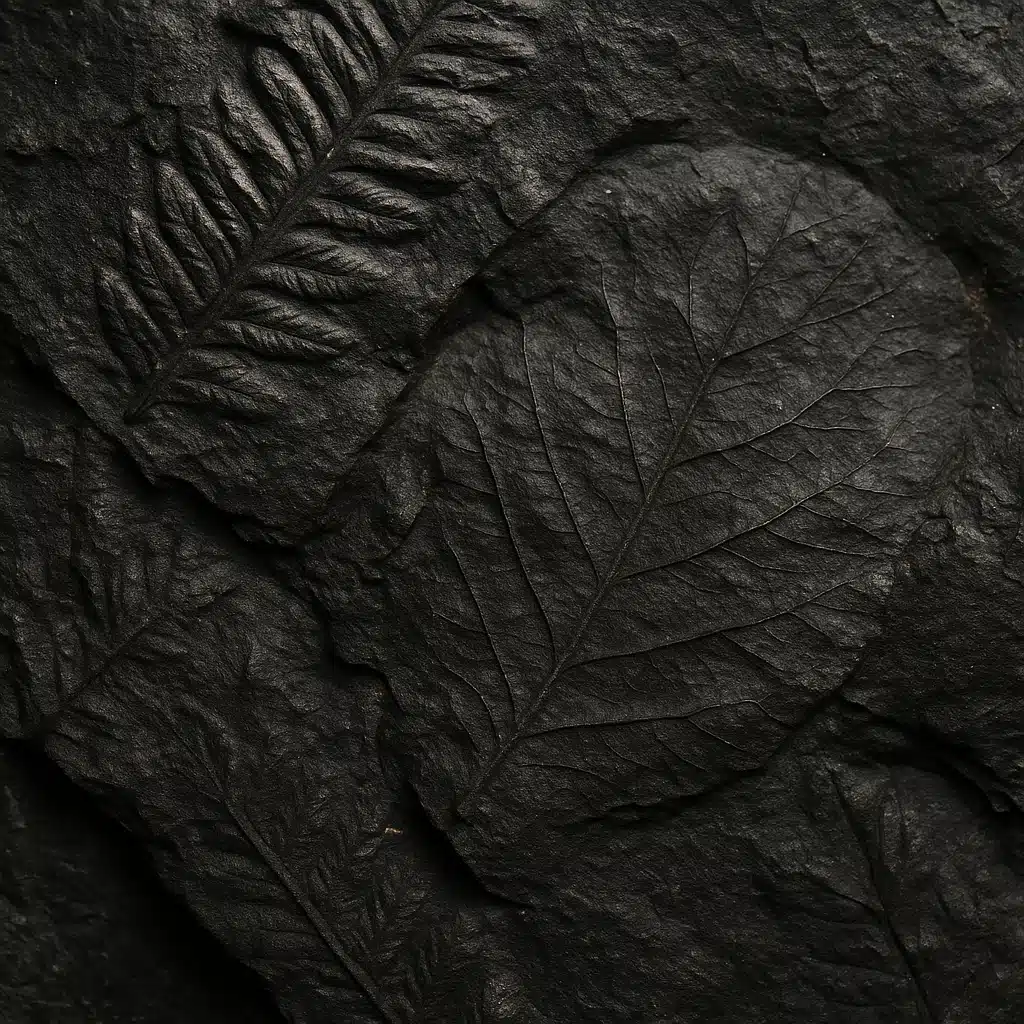Close-up view of a dark coal surface with visible plant impression fossils, showing texture and ancient leaf patterns, natural lighting, educational and scientific aesthetic