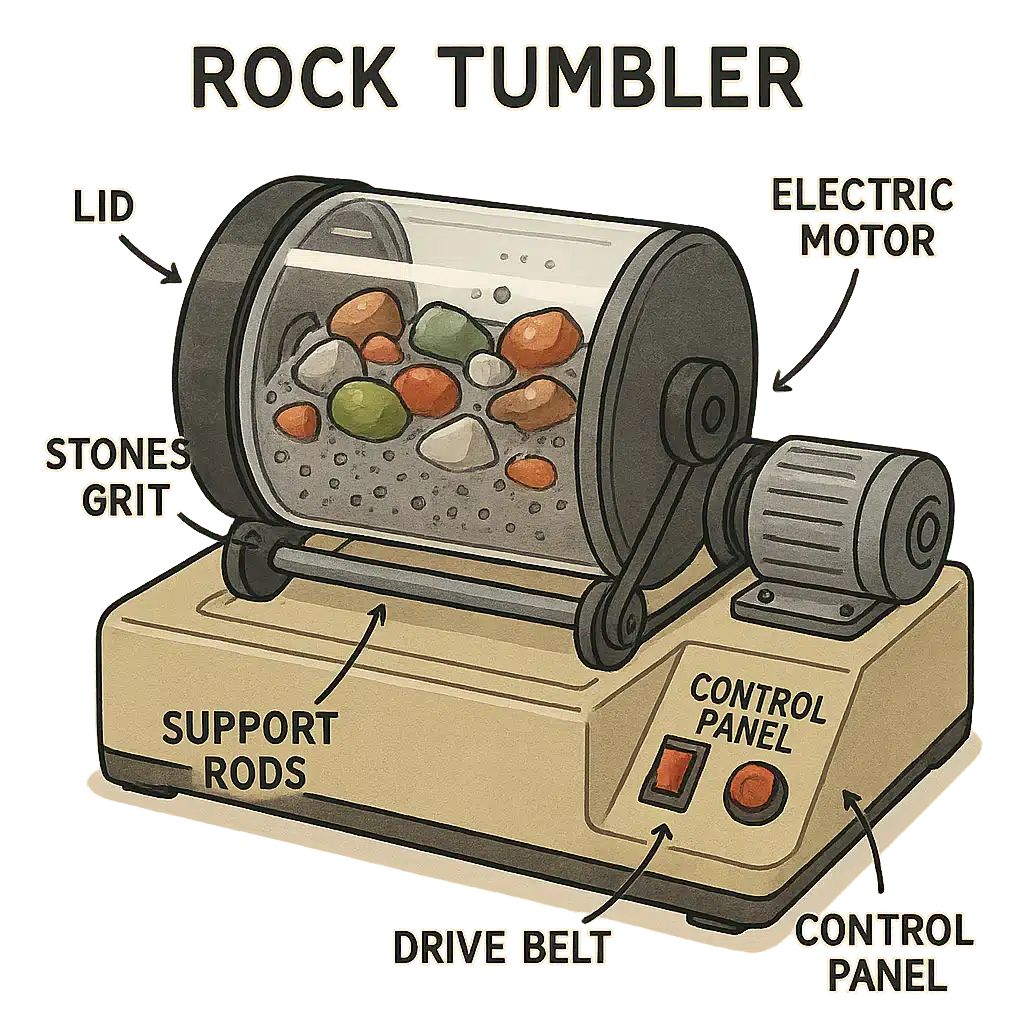 Detailed illustration of a rock tumbler machine with transparent barrel showing stones and grit inside, labeled diagram indicating key components, educational style with clean background