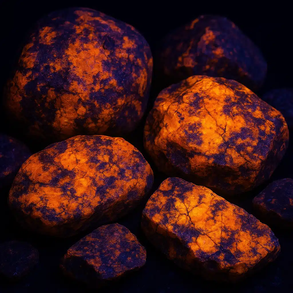 Close-up of fluorescent rocks glowing vibrant orange and yellow under ultraviolet light against a dark background, showing natural stone texture and mineral patterns