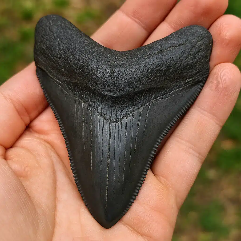 Close-up detailed view of a fossilized megalodon shark tooth held in human hand, showing serrated edges and dark gray coloration, natural outdoor lighting