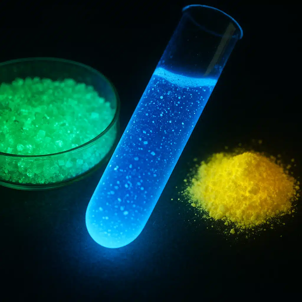 Close-up of luminescent materials glowing in various colors including green, blue, and yellow against a dark background, scientific and educational aesthetic with sharp focus on the glowing substances