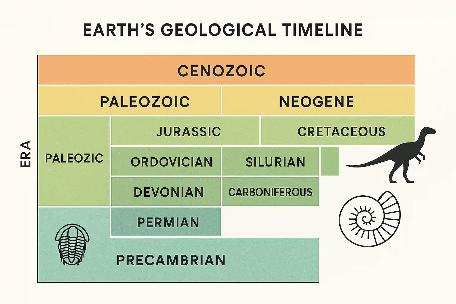 Educational diagram showing Earth's geological timeline with fossil examples from different eras, clean infographic style, professional and informative presentation
