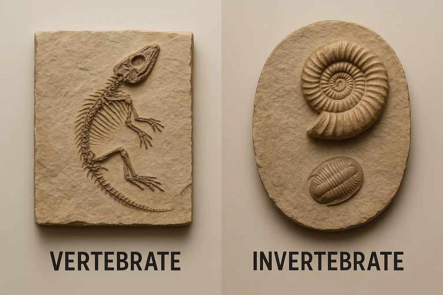 Side-by-side comparison display of vertebrate and invertebrate fossils on a neutral background, museum-quality specimens, clear educational presentation with proper lighting