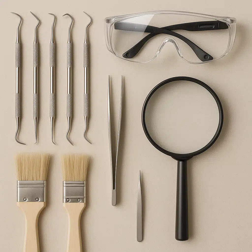 Flat lay of fossil preparation tools including dental picks, soft brushes, tweezers, magnifying glass, and safety goggles arranged neatly on a neutral surface, clean and organized composition