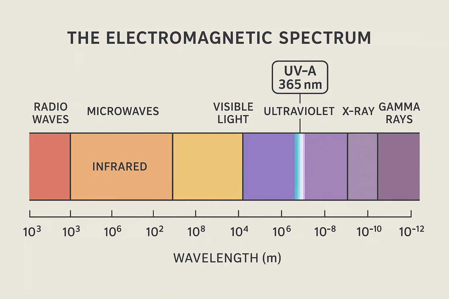 Scientific diagram illustration showing the electromagnetic spectrum with UV-A wavelength highlighted at 365nm, educational style with clear labels and professional design