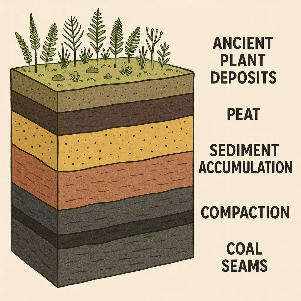 Cross-section illustration of geological layers showing coal formation process, ancient plant deposits, sediment layers, educational diagram style with clear labeling