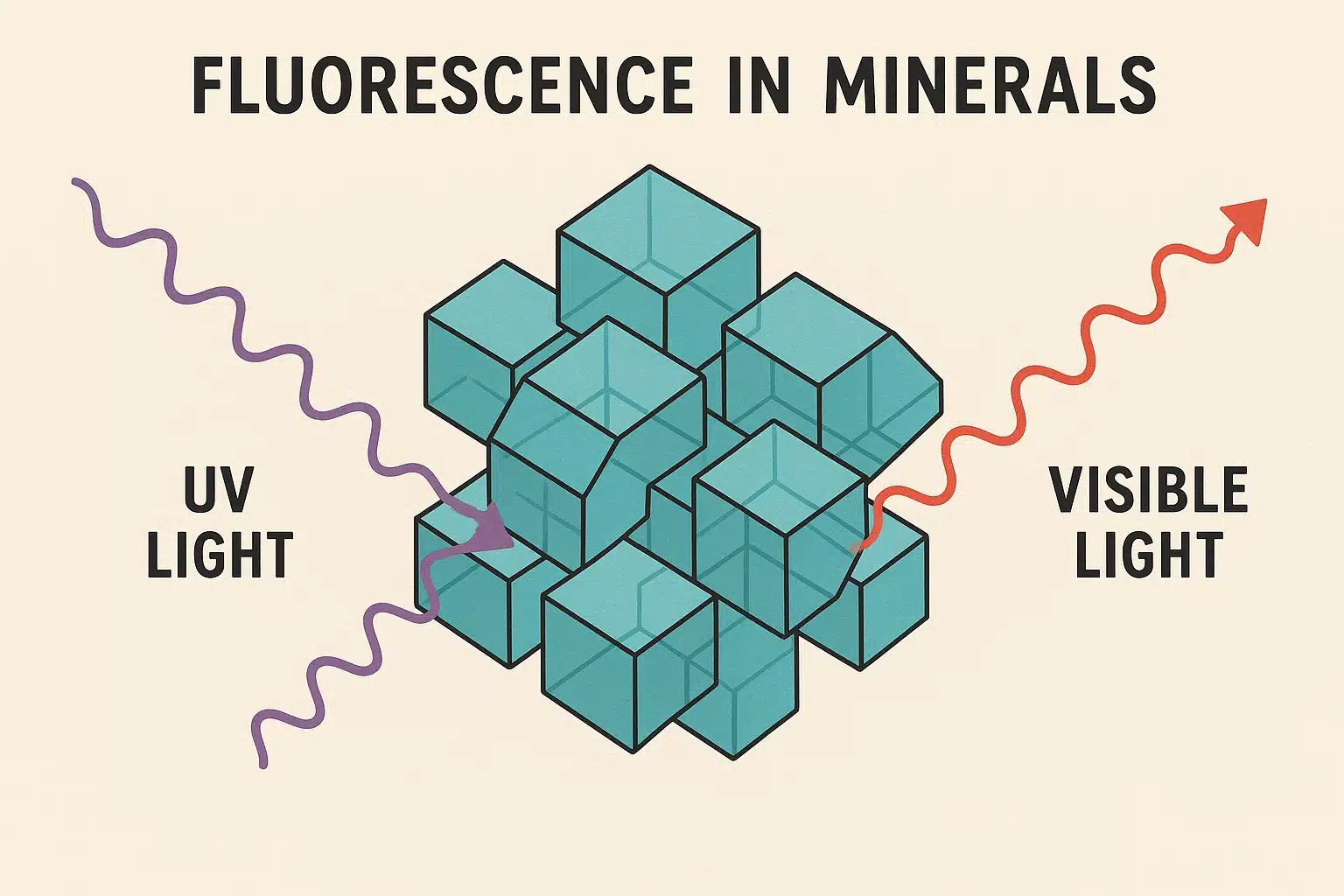 Scientific diagram illustration showing the process of fluorescence in minerals, with UV light waves entering a crystal structure and visible light waves being emitted, educational and clear visualization