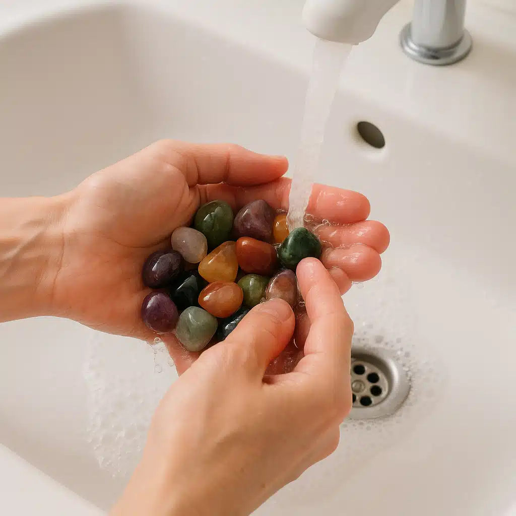 Hands washing and cleaning tumbled stones under running water in a white sink, showing proper cleaning technique between tumbling stages, bright and clean setting
