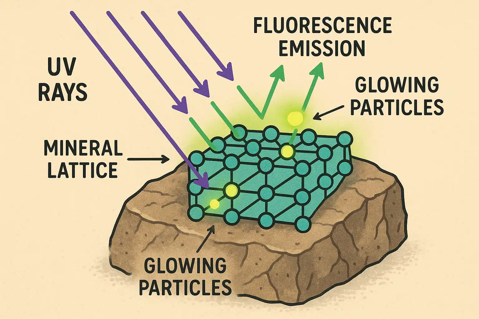 Scientific diagram showing fluorescent mineral structure with UV light rays hitting rock surface and glowing particles, educational illustration style with labels and arrows