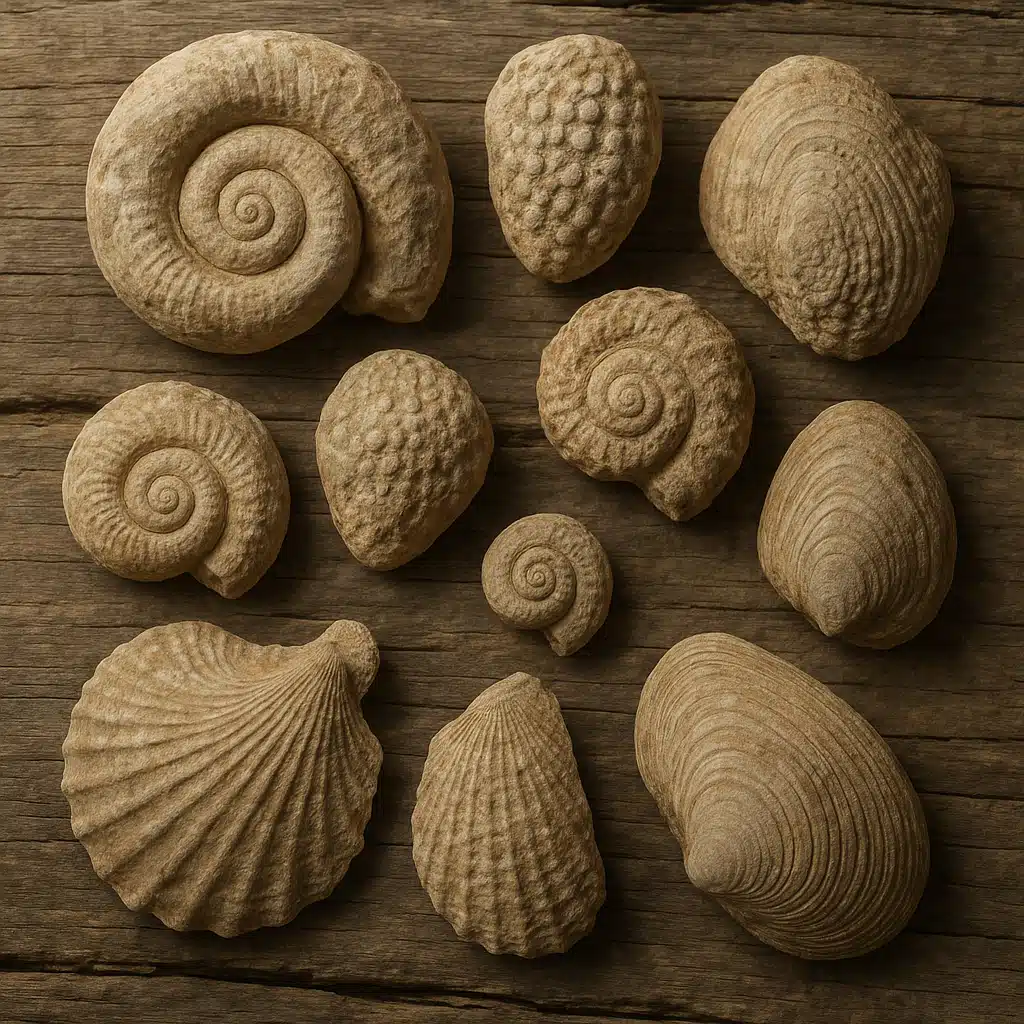 Array of fossilized shells including spiral gastropods and bivalves arranged on weathered wood, showing intricate surface patterns and preservation details, soft natural lighting