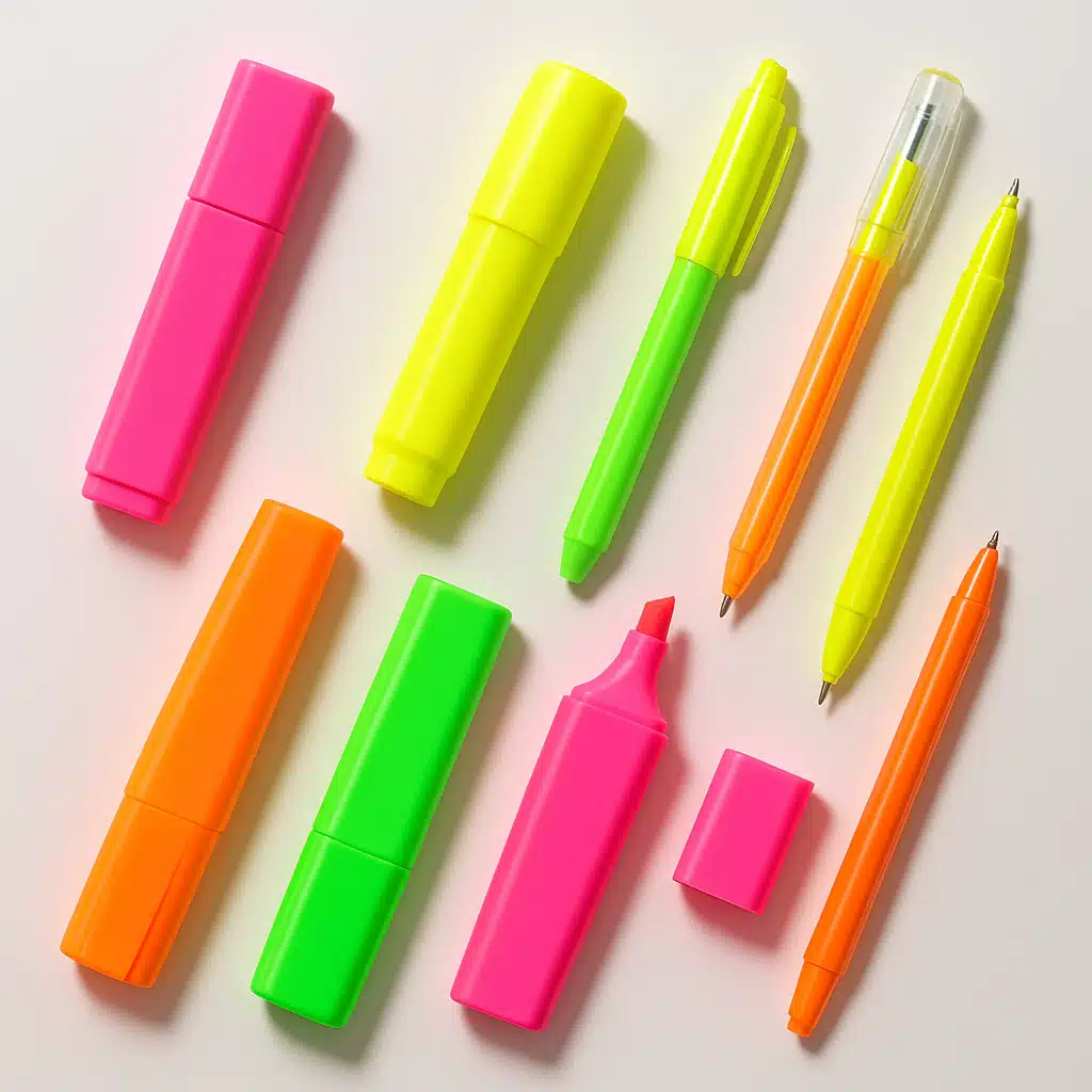 Array of fluorescent markers and pens in bright neon colors including pink, yellow, green, and orange arranged on a white surface with one marker cap removed, bright and vibrant product photography style