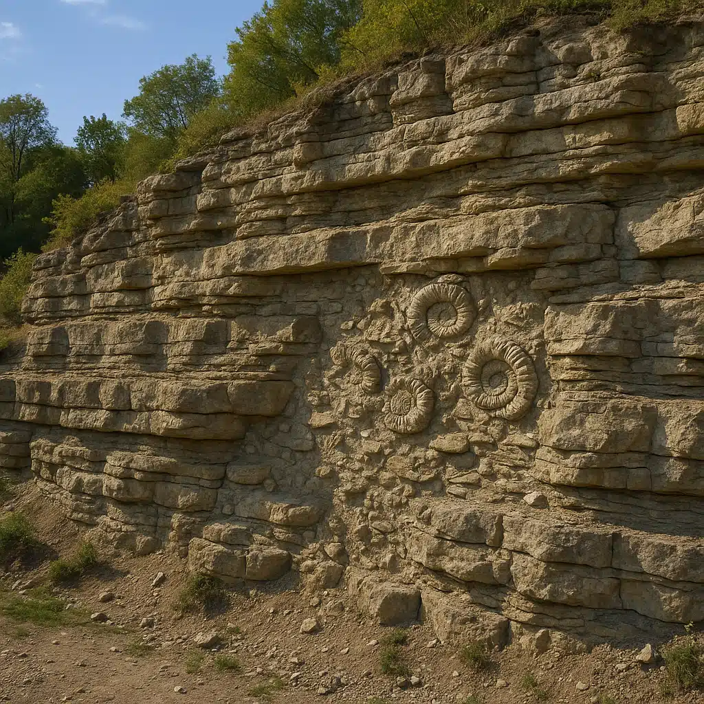 Exposed limestone cliff face showing distinct sedimentary layers with visible fossil formations, outdoor natural setting, clear daylight, geological detail