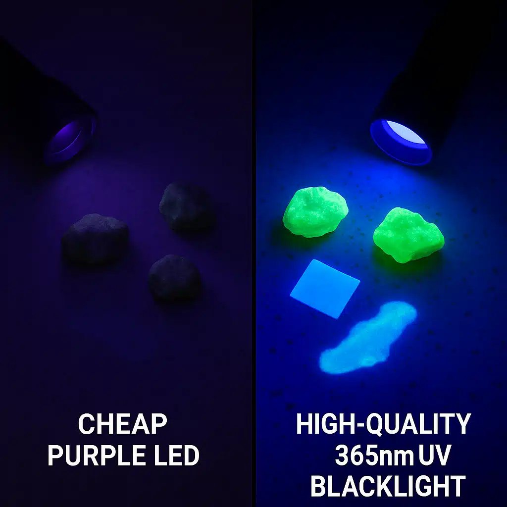 Comparison split image showing the difference between a cheap purple light on the left producing weak violet glow and a quality 365nm blacklight on the right creating vibrant fluorescent effects on reactive materials