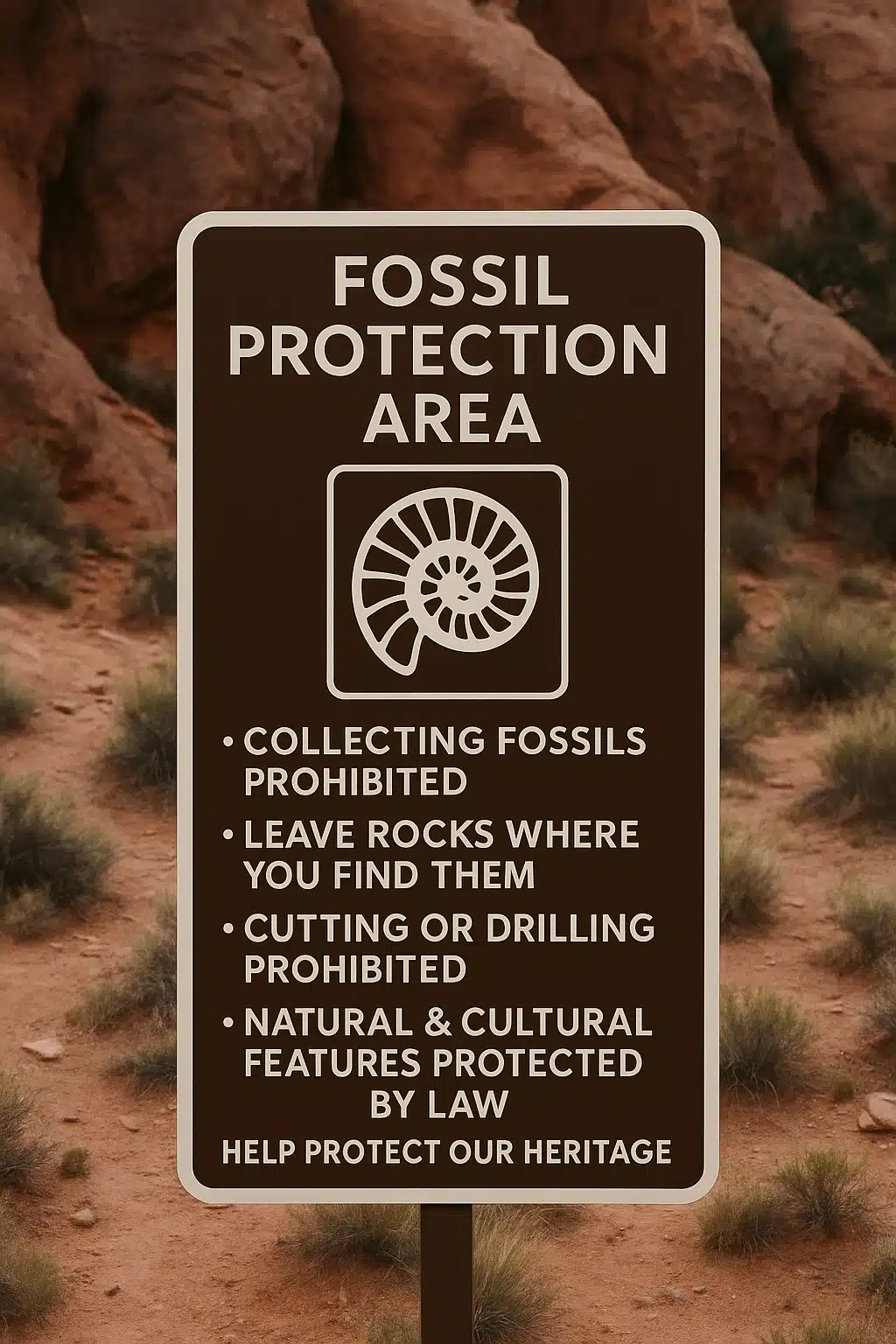 Official signage in a natural outdoor setting indicating fossil protection area regulations, professional park service style, clear and informative design against natural rock formations
