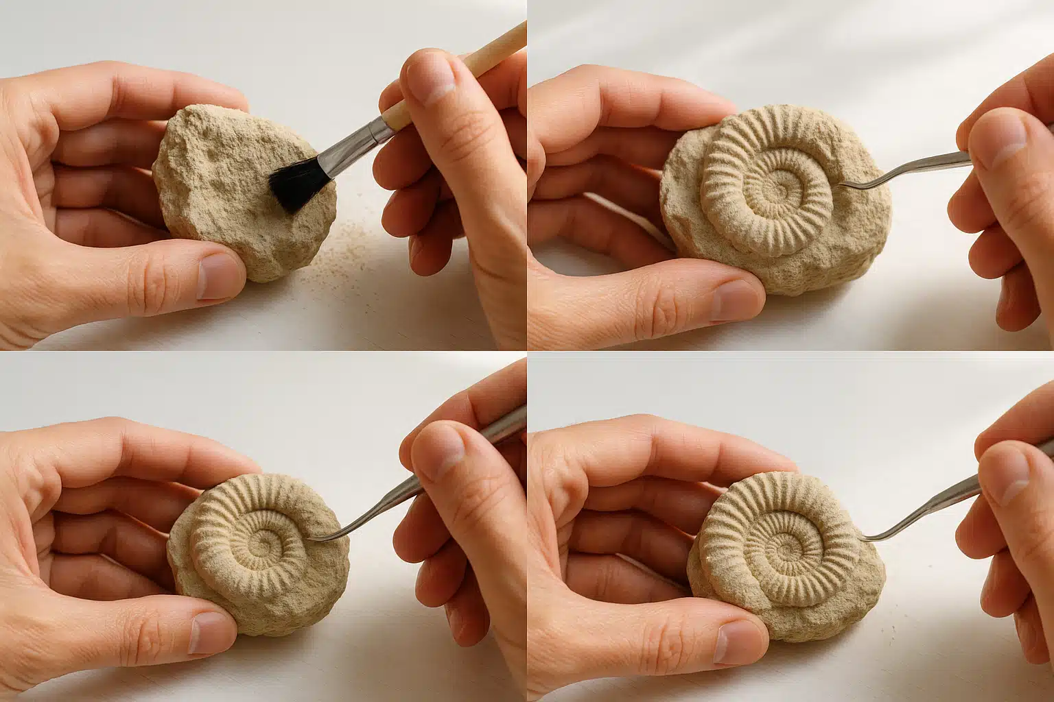 Step-by-step sequence showing hands using a brush and dental pick to clean a fossil, clear progression from encrusted to cleaned specimen, bright workspace with natural light