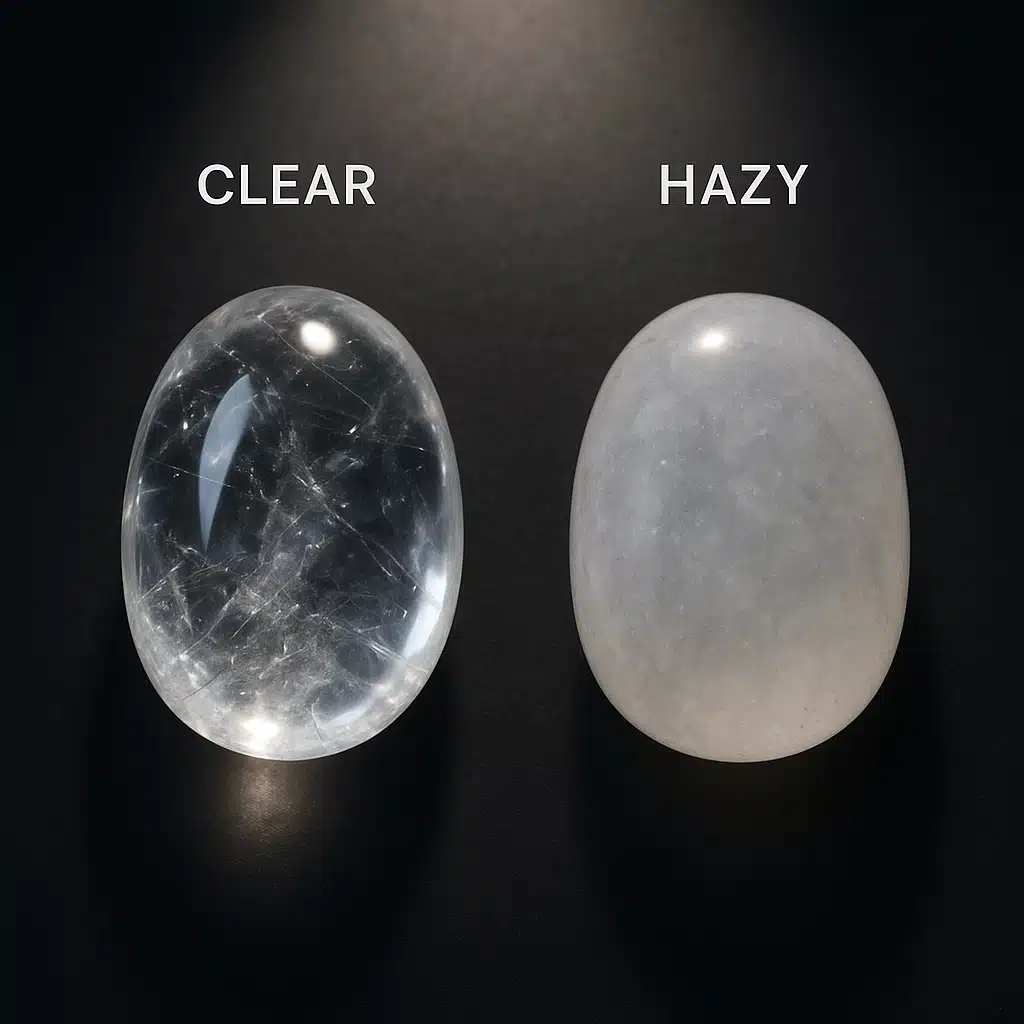 Comparison of two similar polished stones, one with clear brilliant finish and another with cloudy hazy appearance, displayed side by side on dark background with spotlight highlighting the difference