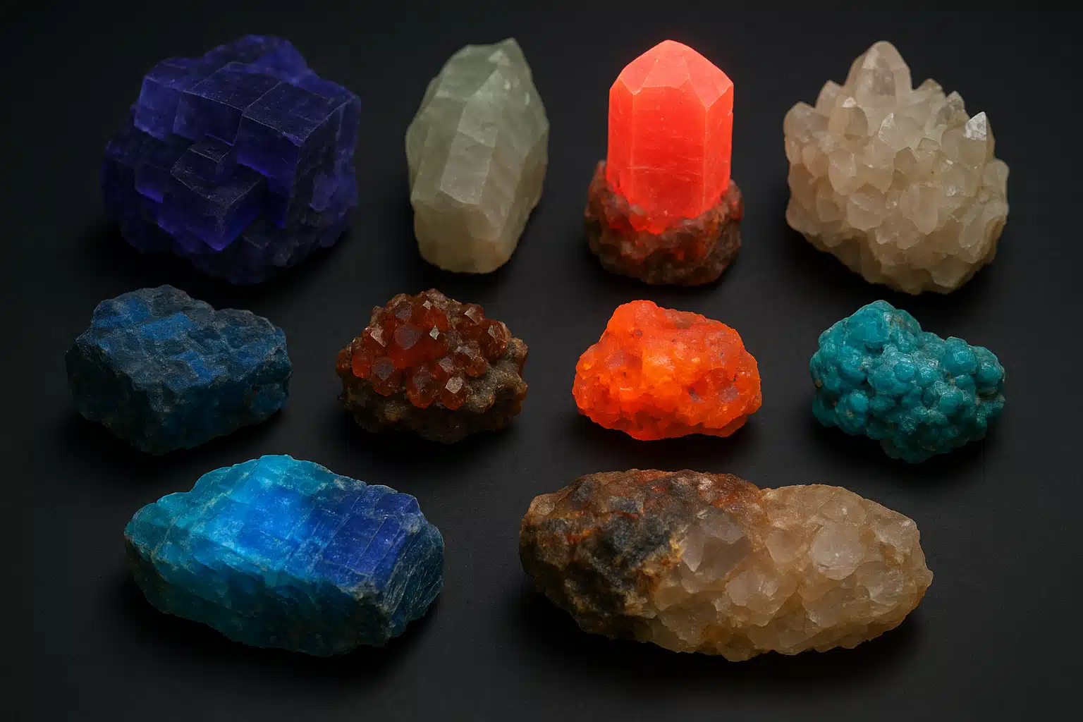 Collection of different mineral specimens arranged on a dark surface, some under normal light and some under UV light showing dramatic fluorescence contrast, scientific collection display style