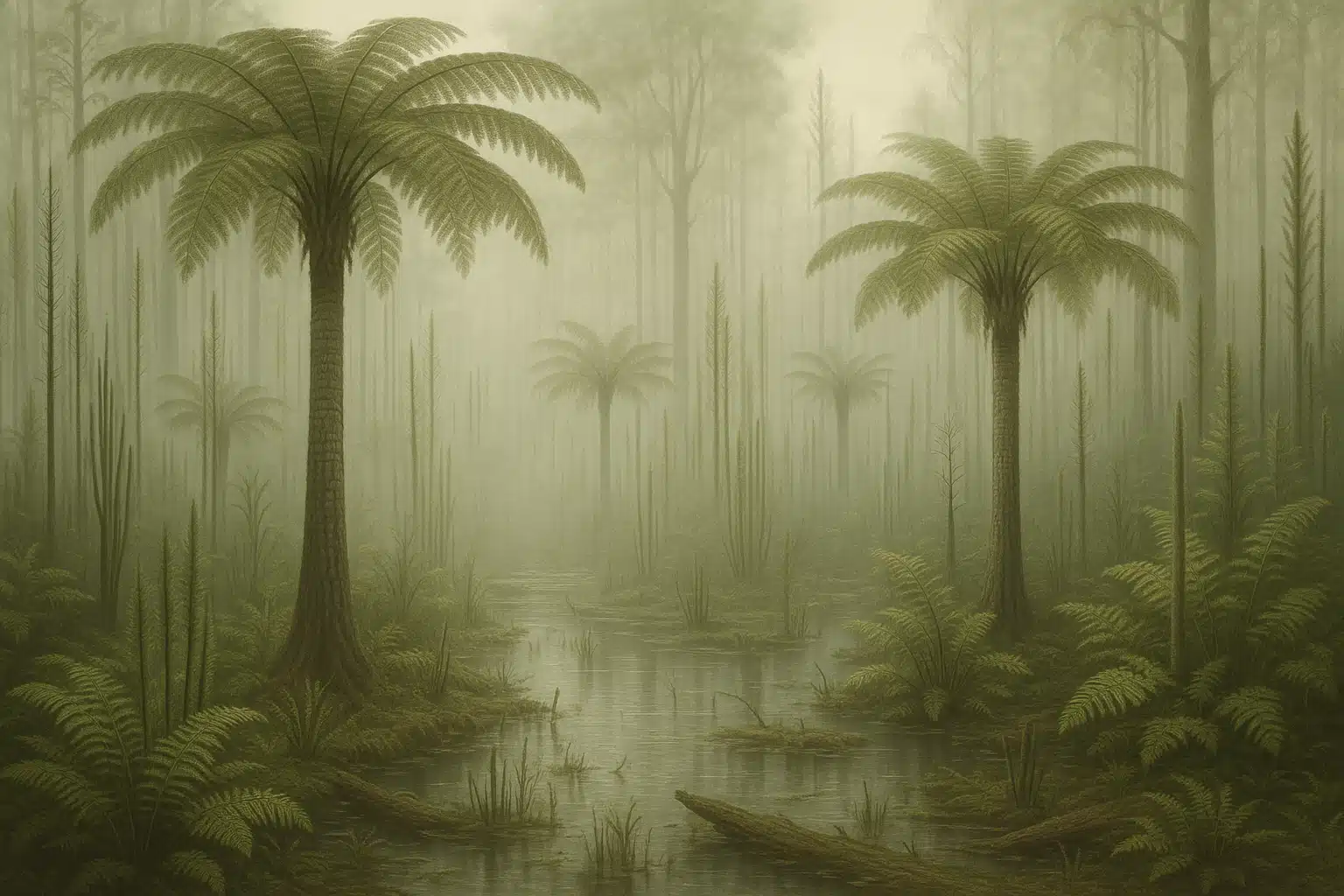 Ancient wetland forest reconstruction showing tall prehistoric plants, tree ferns, and dense vegetation in misty swamp environment, scientifically accurate illustration, atmospheric lighting