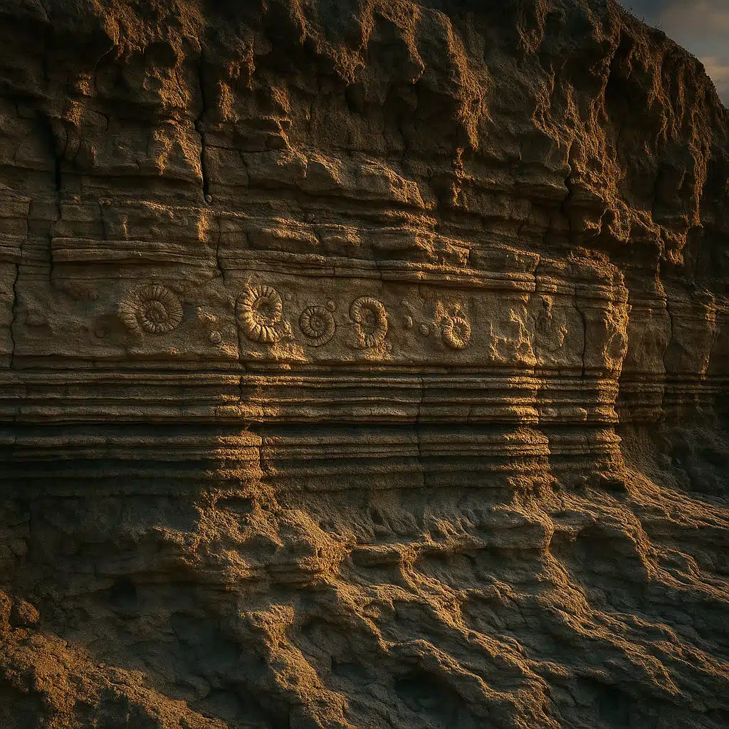 Geological sediment layers in cliff face showing distinct stratification with visible fossil deposits, erosion patterns revealing ancient ocean floor, dramatic natural lighting highlighting texture and depth