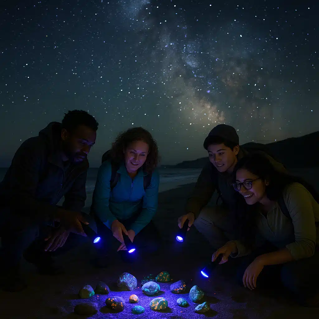 Group of diverse people on a nighttime beach using UV flashlights to search for fluorescent rocks, starry sky above, educational outdoor adventure scene