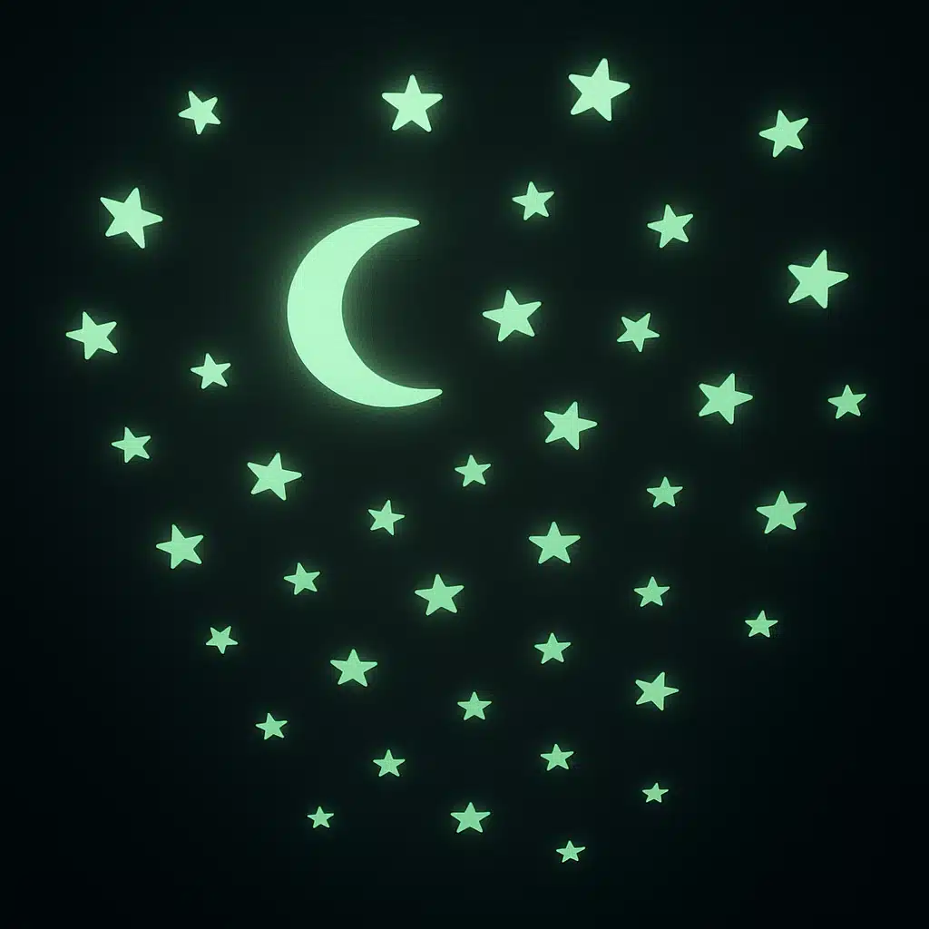 Glow-in-the-dark stars and moon shapes adhered to a ceiling, emitting soft green luminescent light in a darkened room, peaceful nighttime atmosphere with gentle glow effect