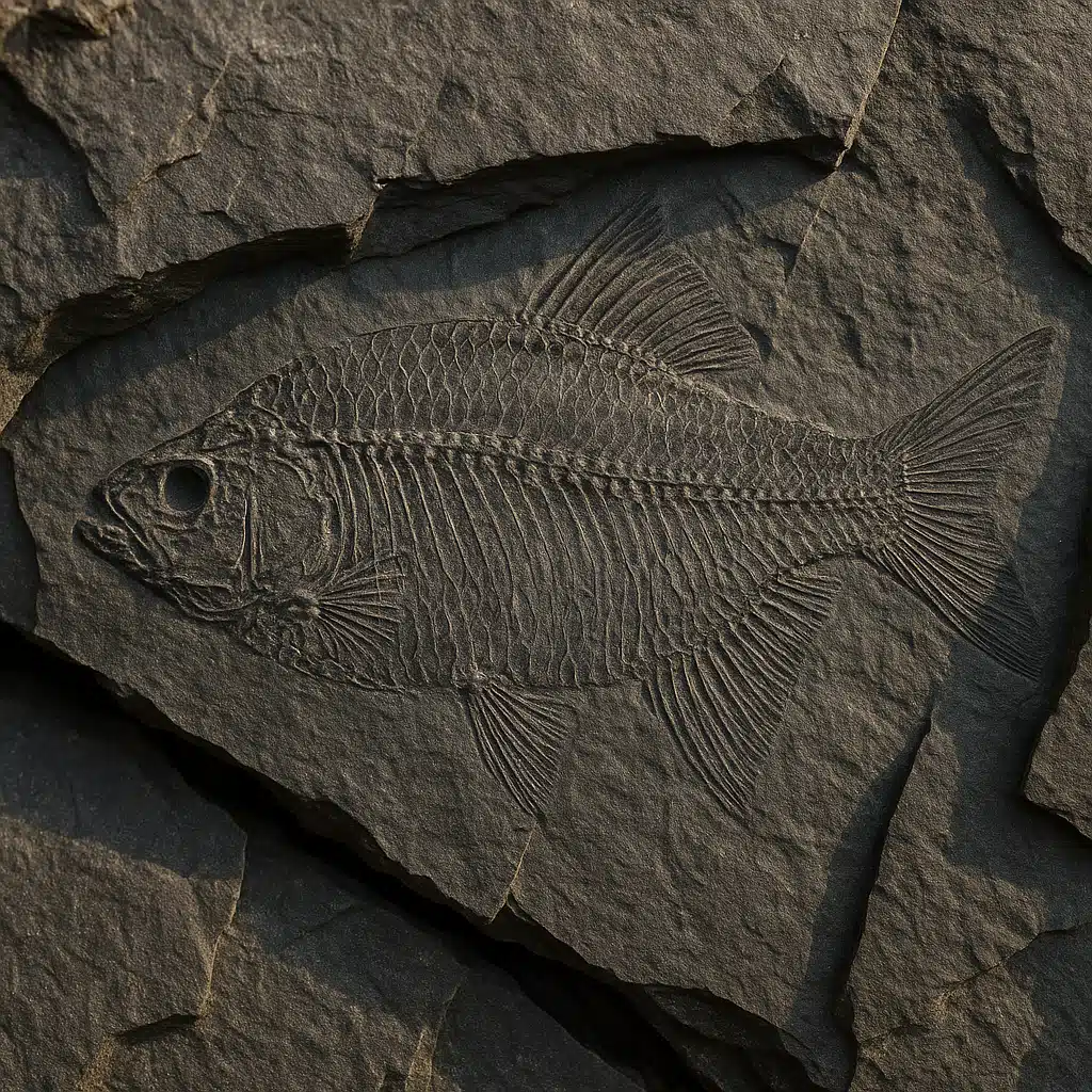 Dark gray shale rock splitting along natural layers revealing detailed fish fossil impression, close-up view, natural outdoor lighting, scientific detail