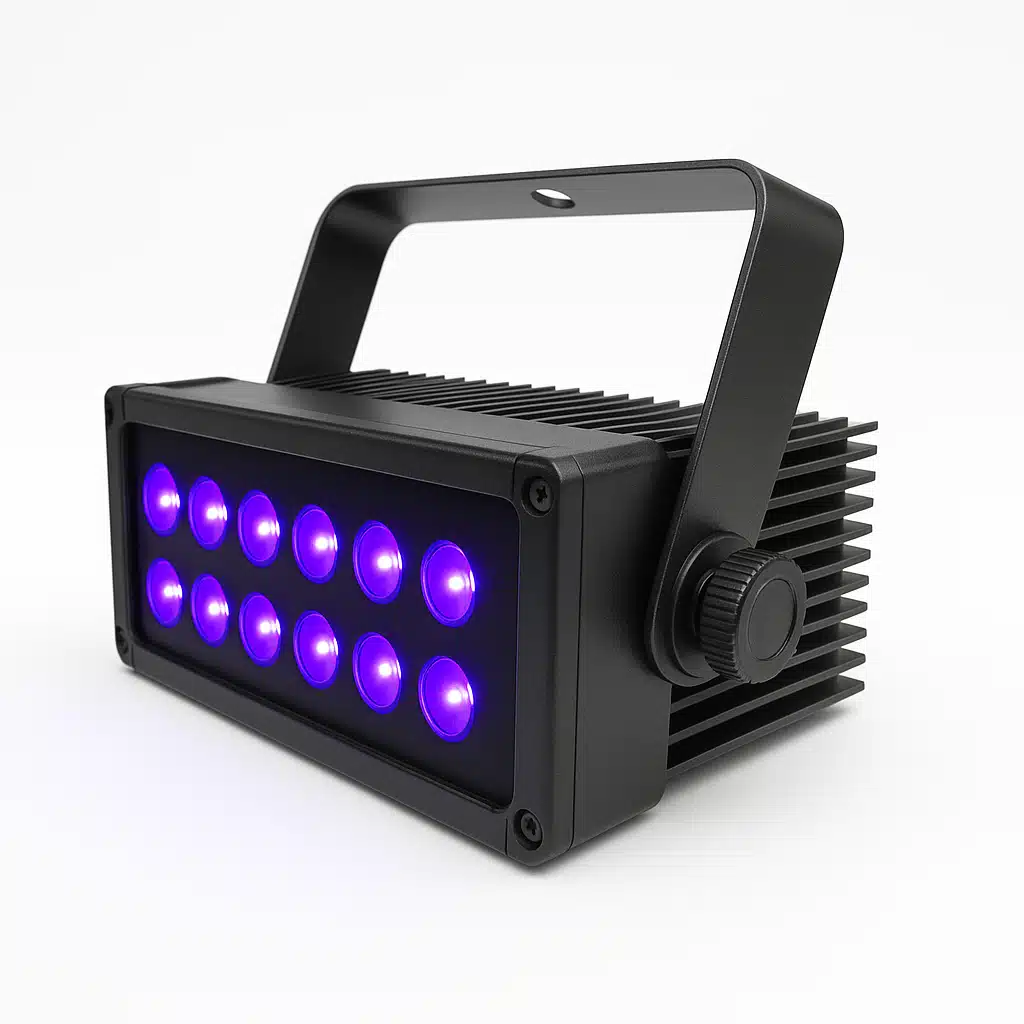 Professional quality LED blacklight fixture with aluminum heat sink and cooling fins, technical product photography style with clean white background showing construction details