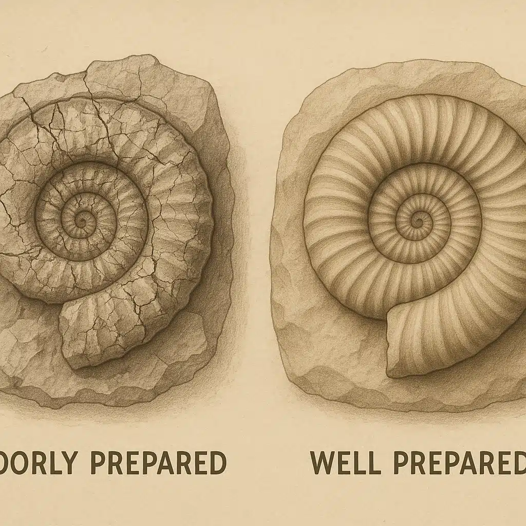 Comparison image showing a poorly prepared fossil with cracks and damage next to a carefully prepared specimen with intact details, educational and illustrative style