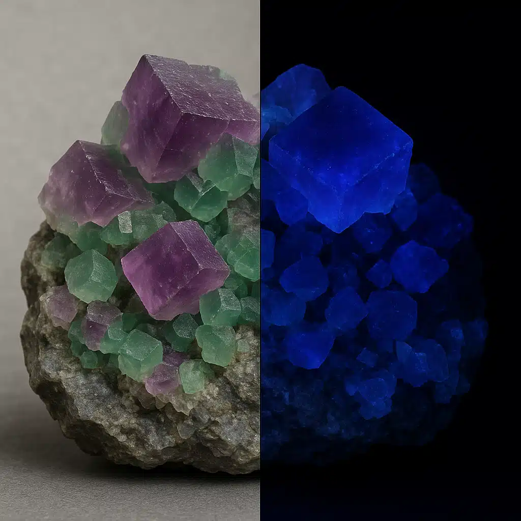 Split composition showing fluorite mineral specimens, left side in natural daylight showing purple and green crystals, right side under UV light showing brilliant blue and violet fluorescence, scientific comparison photography
