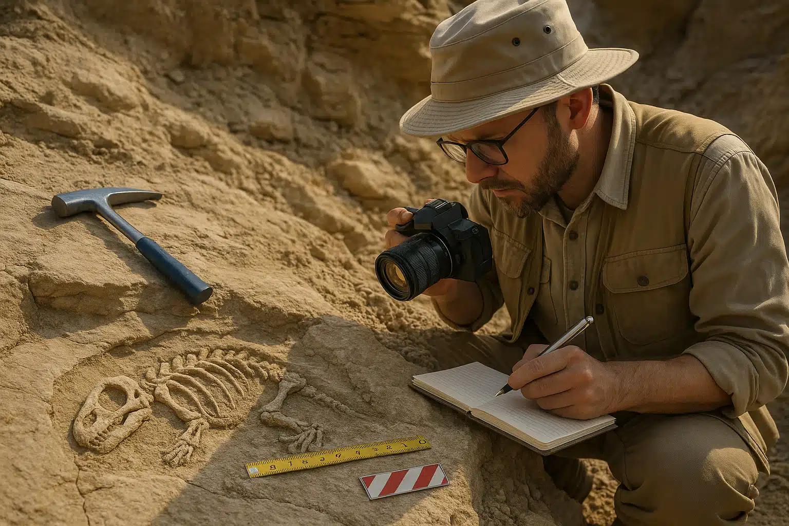 Paleontologist carefully documenting a fossil discovery in its natural geological context, using measurement tools and camera, professional field research setting, respectful scientific approach