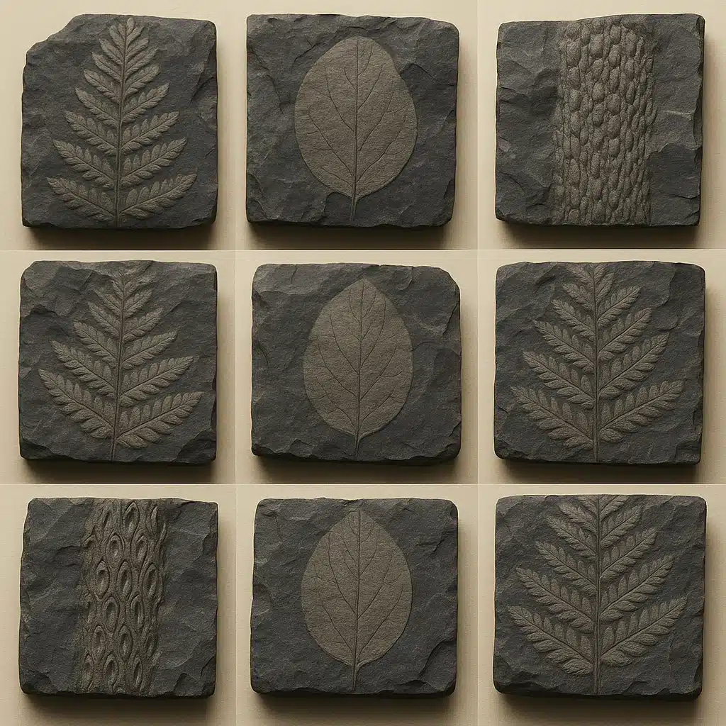 Collection of various plant fossils including fern fronds, seed fern leaves, and bark impressions in coal shale, museum display style, clear details, professional photography