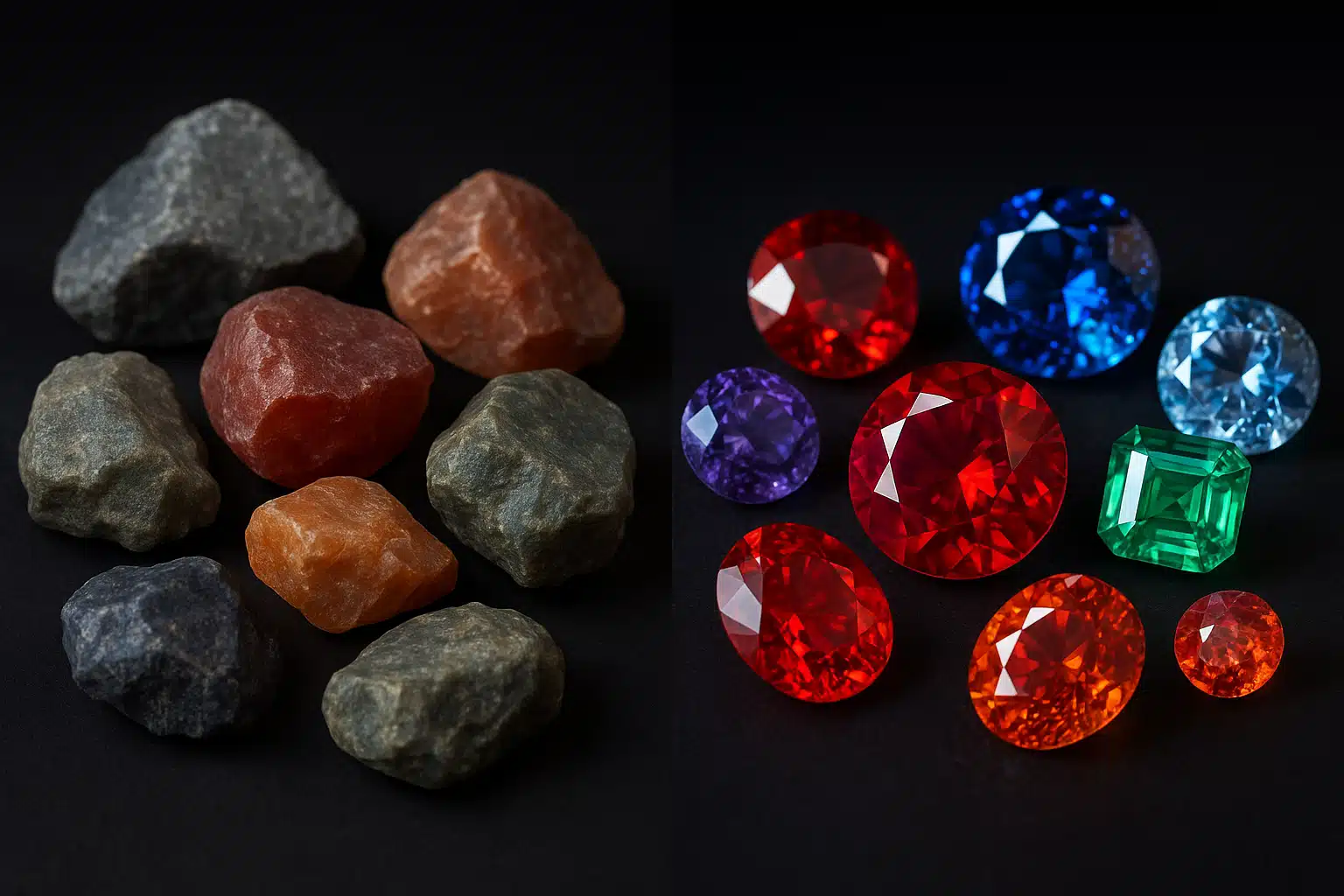Before and after comparison showing collection of dull rough stones transforming into brilliantly polished gemstones, arranged in two groups with dramatic lighting emphasizing the transformation