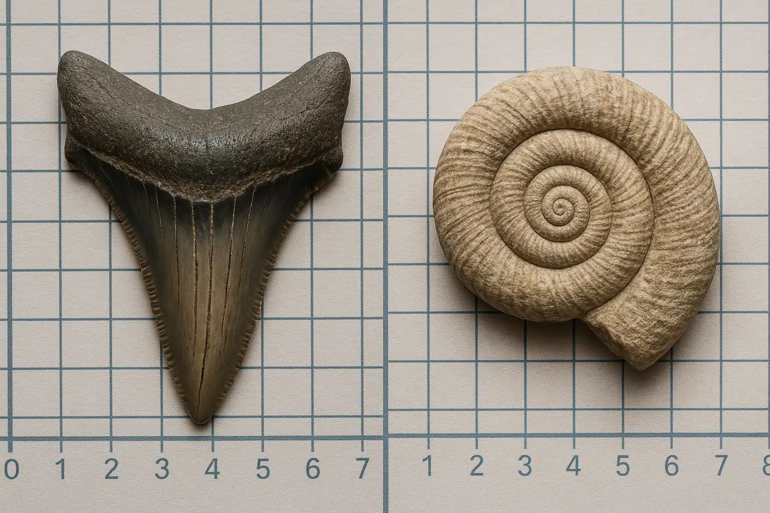 Side-by-side comparison of fossilized shark tooth and spiral shell fossil on measuring grid, detailed surface textures visible, educational reference photograph style with clear focus