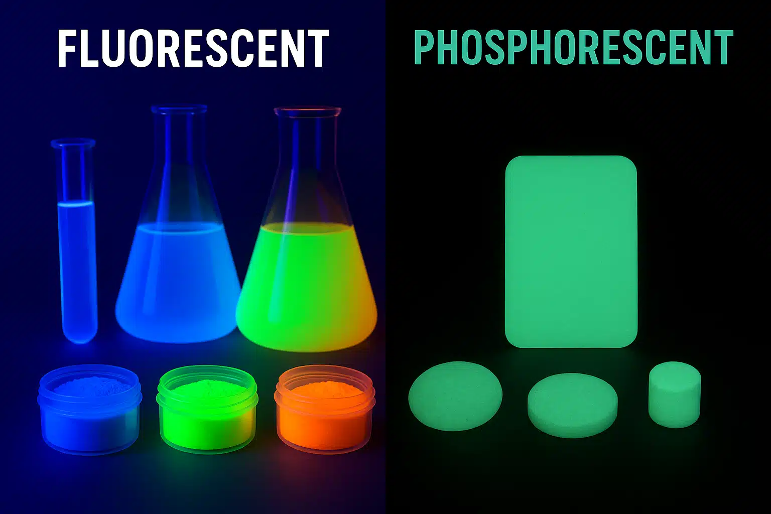 Split comparison image showing fluorescent materials glowing brightly under UV light on one side and phosphorescent materials glowing softly in complete darkness on the other side, educational scientific comparison with clear visual contrast