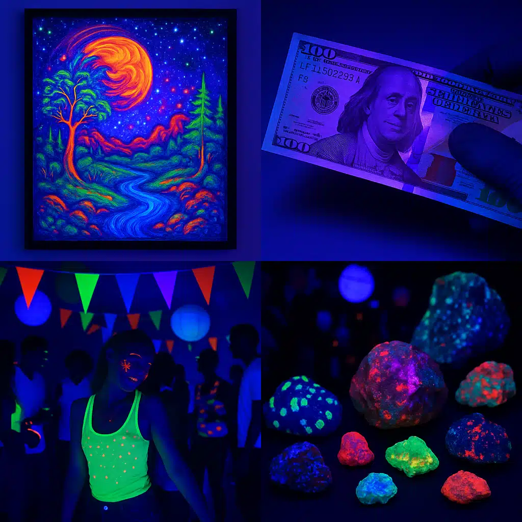 Collage showing various blacklight applications including fluorescent art display, document authentication, party atmosphere with glowing decorations, and mineral specimen examination under UV light