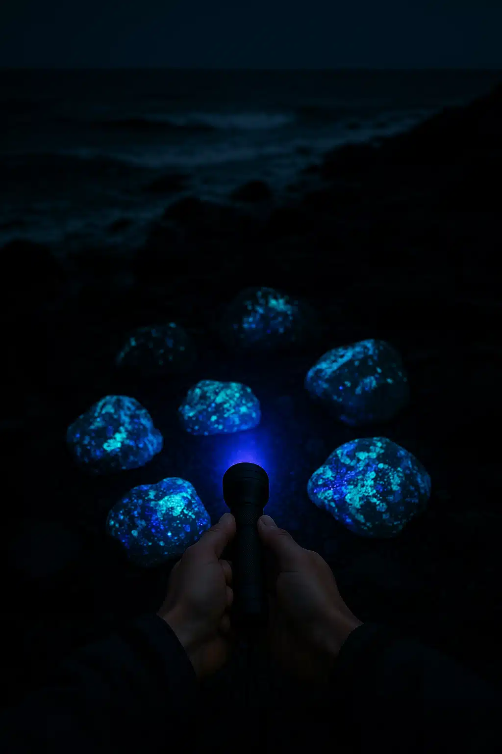 First-person perspective of hands holding UV flashlight illuminating glowing fluorescent rocks on dark rocky beach shoreline at night, realistic outdoor adventure photography style